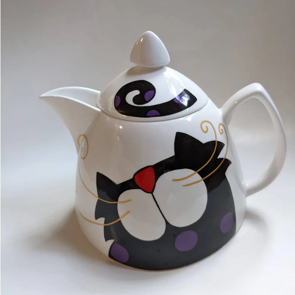 Vintage 90's Y2K Cat Teapot, Bone China with Art Deco Black & White‎ Cat Design
